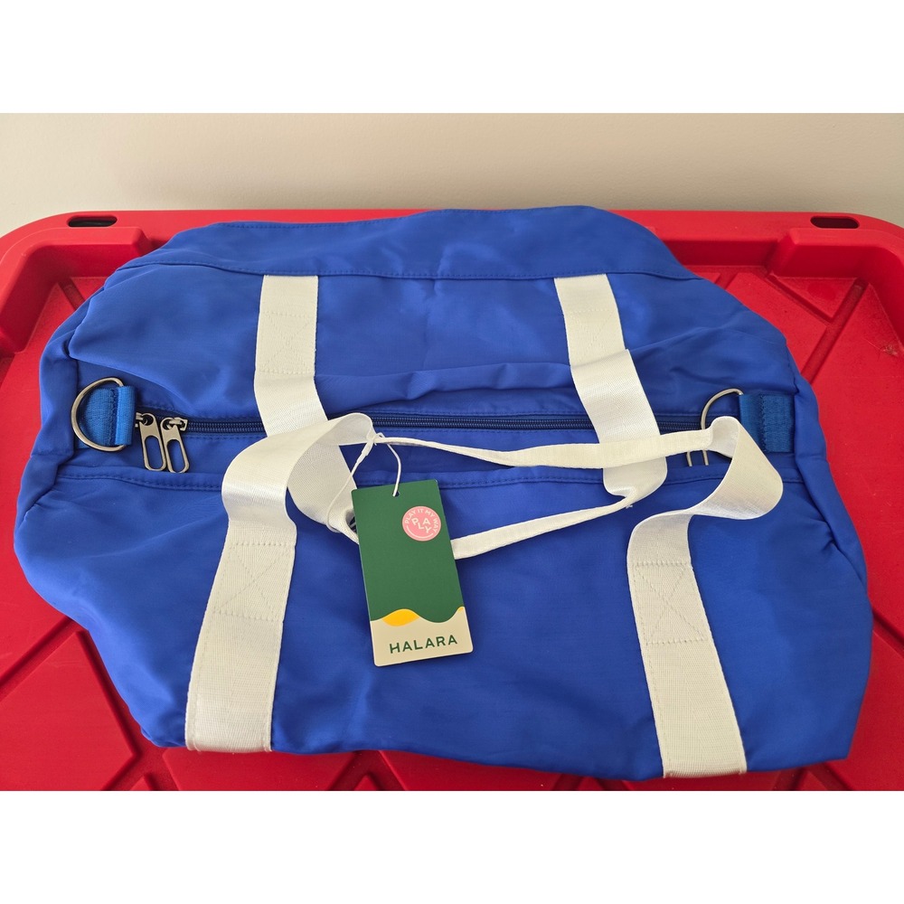Halara Blue Duffel Bag White Straps Gym Travel Weekend Carry On NWT